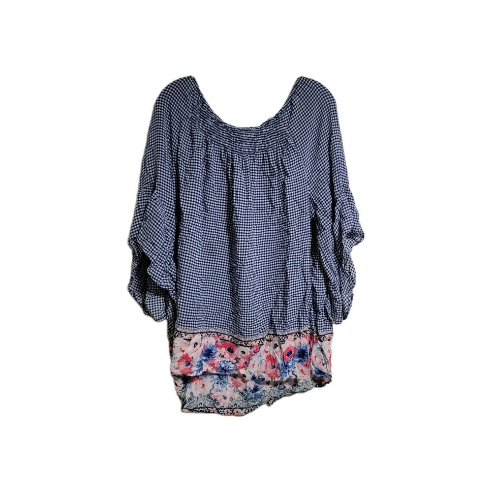 Women 1X Navy White Gingham Floral Border Print Ruffle Sleeve Peasant Blouse